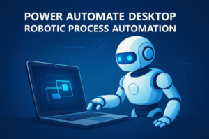Illustratie van een robot die achter een computer werkt, als visualisatie van de eerste stappen in Power Automate Desktop en RPA.