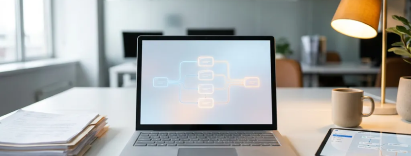 Microsoft Surface laptop op wit bureau met digitaal automatiseringsschema op scherm, papieren workflows vervangen door digitale processen.