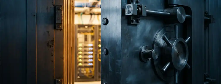 Zware stalen kluisdeur met meerdere slotmechanismen, op een kier met warm amber licht vanuit een beveiligde serverruimte.