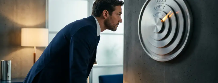Directeur bestudeert een gelaagde beveiligingsmeter op een moderne kantoorwand, verlicht door warm omgevingslicht in marineblauw en zilver tinten.