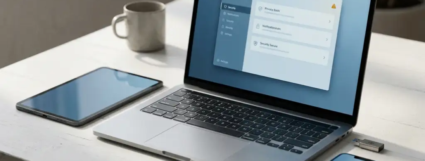 Laptop met beveiligingsdashboard op wit bureau, omringd door tablet, smartphone en USB-dongle met oranje waarschuwingsindicator.