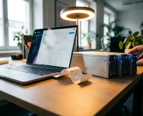 Modern bureau met laptop naast weggeschoven serverhardware en wolkvormig bonnetje dat cloudmigratie en kostenreductie symboliseert.