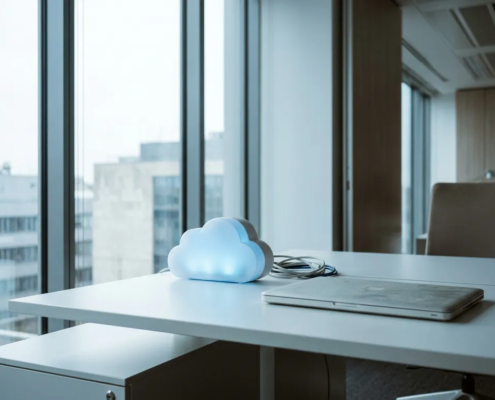 Glanzende cloud-server op wit bureau naast een stoffige laptop in een modern kantoor met groot raam en natuurlijk daglicht.