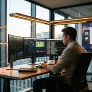 cyberbeveiliging-analist-netwerk-monitoring-kantoor.jpg Cybersecurityanalist in glazen kantoor bewaakt meerdere schermen met netwerkactiviteit-dashboards, blauw en amber licht.