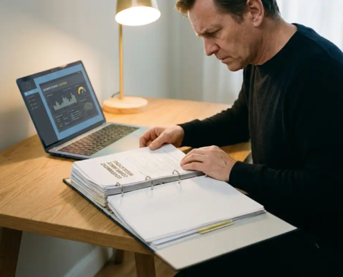 Ondernemer bestudeert dik nalevingsdocument aan modern bureau met laptop waarop beveiligingsdashboard zichtbaar is.