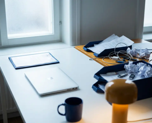 Opgeruimd bureau met laptop en gelamineerde factuur naast een rommelige stapel papieren facturen, USB-sticks en verstrengelde kabels.