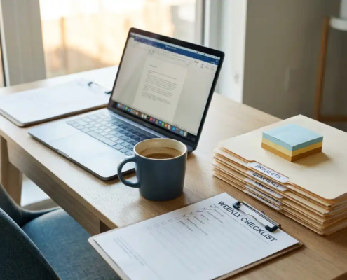 Opgeruimd modern bureau met klembord, checklist, laptop, gelabelde mappen en gekleurde sticky notes in warm natuurlijk licht.