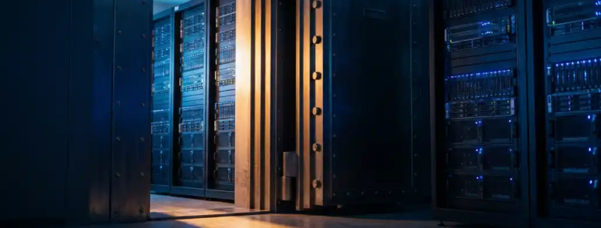 Zware stalen kluisdeur op een kier in een moderne serverruimte, met blauwe indicatielampjes op rack-apparatuur en warm amber licht.