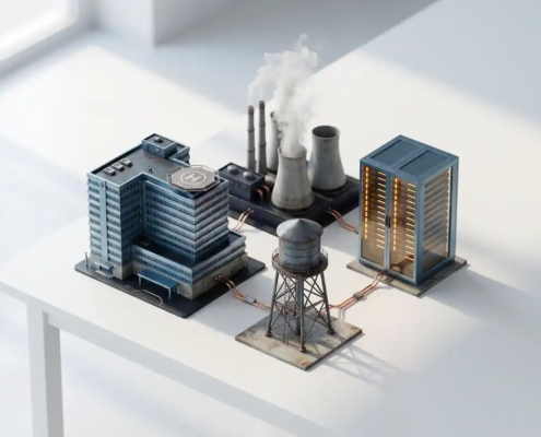 Miniatuurmodellen van ziekenhuis, energiecentrale, watertoren en serverrack als onderling verbonden kritieke infrastructuur op wit oppervlak.