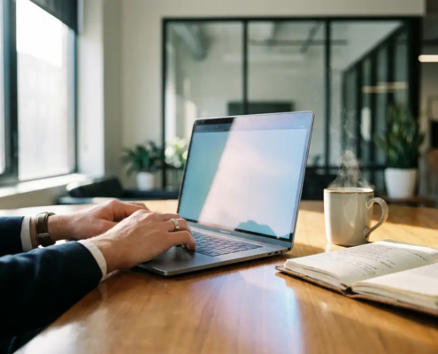 Handen van een professional op een laptop in een modern kantoor, met een dampende koffiekop en notitieboek in warm-blauw licht.