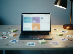 Laptop met Microsoft 365-dashboard op een Scandinavisch bureau, omringd door ongebruikte sticky notes en papieren app-iconen in blauw- en grijstinten.