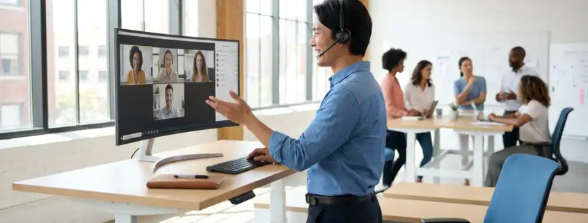 Medewerker werkt staand achter bureau met Microsoft Teams op groot scherm in licht modern kantoor met collega's op achtergrond.