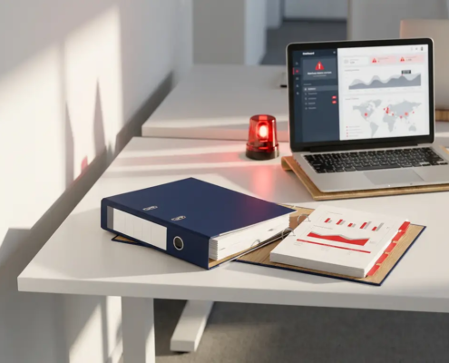 Open noodrespons-ringband op kantoorbureau naast laptop met beveiligingsdashboard, verlicht door rood waarschuwingslicht.