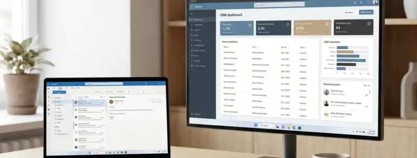 Laptop met Microsoft Outlook naast een CRM-dashboard op tweede monitor, op een opgeruimd bureau met draadloze muis en koffiemok.