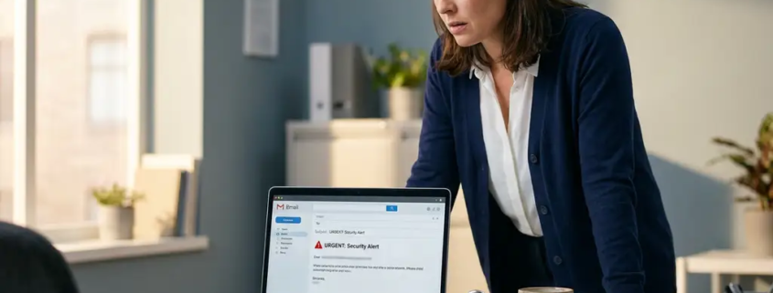 Kantoormedewerker bekijkt verdachte e-mail op laptop, met fysiek hangslot naast koffiemok op opgeruimd bureau.