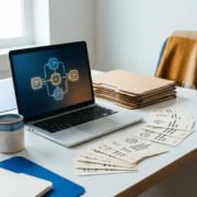Modern bureau met laptop waarop een workflowdiagram zichtbaar is, omringd door geautomatiseerde taakoverzichten en manila mappen.