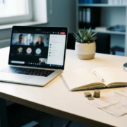 Moderne kantaartafel met laptop met Microsoft Teams, opengeslagen notitieboek, euromuntjes en gevouwen factuur in natuurlijk licht.
