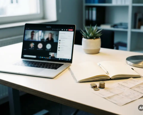 Moderne kantaartafel met laptop met Microsoft Teams, opengeslagen notitieboek, euromuntjes en gevouwen factuur in natuurlijk licht.
