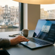 Hand die aarzelend boven een laptop-trackpad zweeft met een goedkeuringsmelding op scherm, Amsterdamse gracht zichtbaar op de achtergrond.