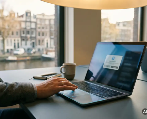 Hand die aarzelend boven een laptop-trackpad zweeft met een goedkeuringsmelding op scherm, Amsterdamse gracht zichtbaar op de achtergrond.
