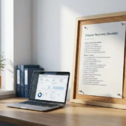 Gedrukte disaster recovery checklist op kurkbord naast laptop met clouddashboard in modern kantoor met natuurlijk daglicht.
