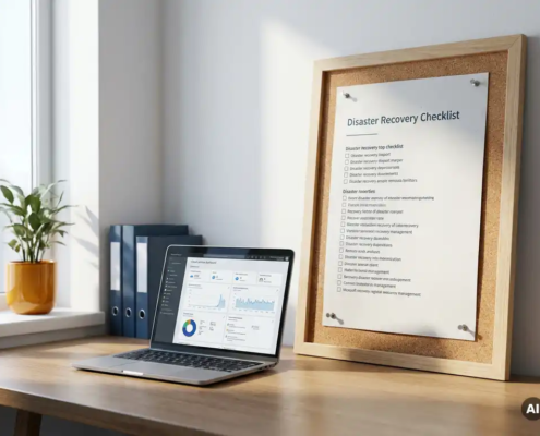 Gedrukte disaster recovery checklist op kurkbord naast laptop met clouddashboard in modern kantoor met natuurlijk daglicht.