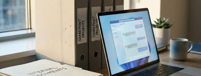 Gestapelde bedrijfsdocumenten naast een laptop met chat-interface op een modern bureau, verlicht door natuurlijk raamlicht.