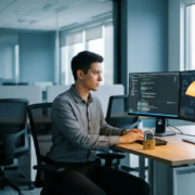 IT-beheerder aan modern bureau met vergrendeld hangslot op toetsenbord, lege stoel naast hem, kantooromgeving in blauwe en grijze tinten.