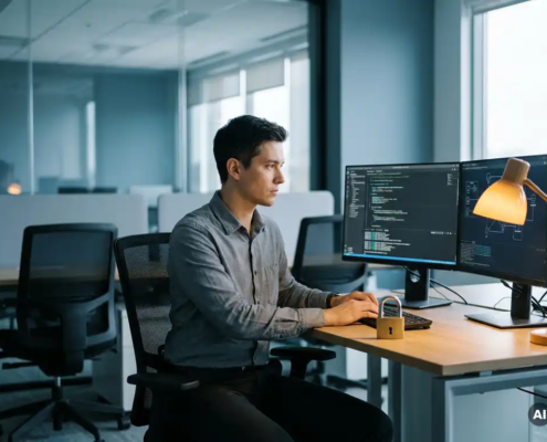 IT-beheerder aan modern bureau met vergrendeld hangslot op toetsenbord, lege stoel naast hem, kantooromgeving in blauwe en grijze tinten.