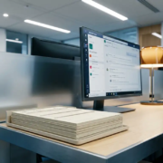 Moderne IT-servicedesk met gestapelde aanvraagformulieren en Microsoft Teams-dashboard op monitor, zakelijke kantooromgeving.