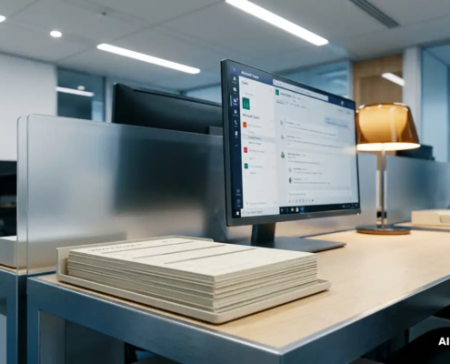 Moderne IT-servicedesk met gestapelde aanvraagformulieren en Microsoft Teams-dashboard op monitor, zakelijke kantooromgeving.