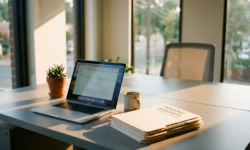 Open laptop op een modern kantoorbureau met een stapel mappen, koffiemok en plant, verlicht door warm zomers raamlicht.