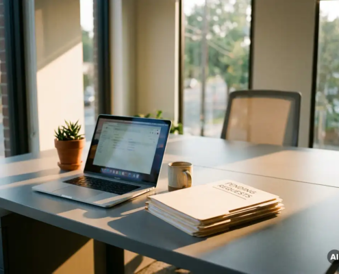 Open laptop op een modern kantoorbureau met een stapel mappen, koffiemok en plant, verlicht door warm zomers raamlicht.