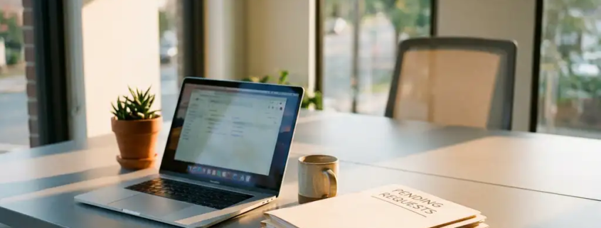 Open laptop op een modern kantoorbureau met een stapel mappen, koffiemok en plant, verlicht door warm zomers raamlicht.