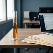 Glazen maatcylinder met goudgele vloeistof op kantoorbureau, omringd door gesorteerde mappen en laptop in zacht zijlicht.