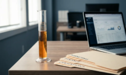 Glazen maatcylinder met goudgele vloeistof op kantoorbureau, omringd door gesorteerde mappen en laptop in zacht zijlicht.