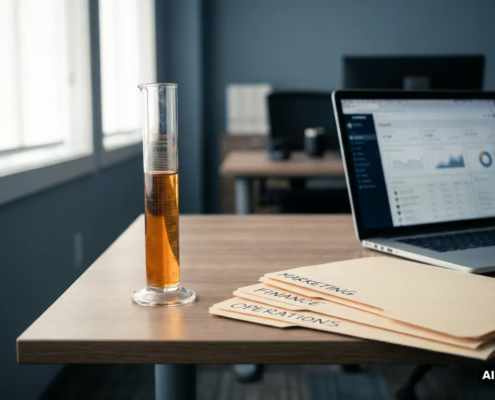 Glazen maatcylinder met goudgele vloeistof op kantoorbureau, omringd door gesorteerde mappen en laptop in zacht zijlicht.