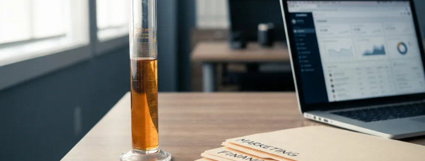 Glazen maatcylinder met goudgele vloeistof op kantoorbureau, omringd door gesorteerde mappen en laptop in zacht zijlicht.