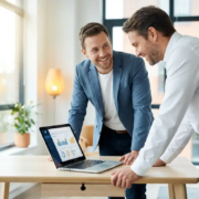 IT-professional en zakelijke klant bekijken samen een Microsoft 365-dashboard op laptop in modern Scandinavisch kantoor.