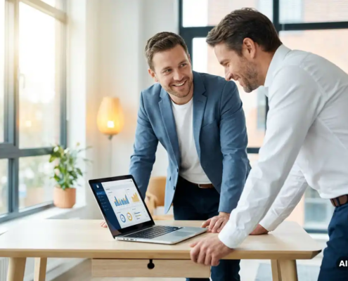 IT-professional en zakelijke klant bekijken samen een Microsoft 365-dashboard op laptop in modern Scandinavisch kantoor.