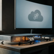 Actieve netwerkswitch met knipperende indicatorlampjes en aangesloten kabels, terwijl een monitor op de achtergrond een verbroken cloudverbinding toont.