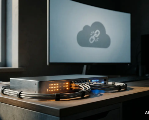 Actieve netwerkswitch met knipperende indicatorlampjes en aangesloten kabels, terwijl een monitor op de achtergrond een verbroken cloudverbinding toont.