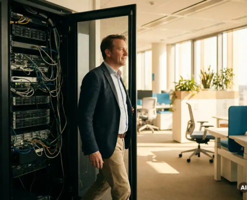 Ondernemer verlaat rommelige serverruimte met kabels en racksystemen voor een licht, modern kantoor.