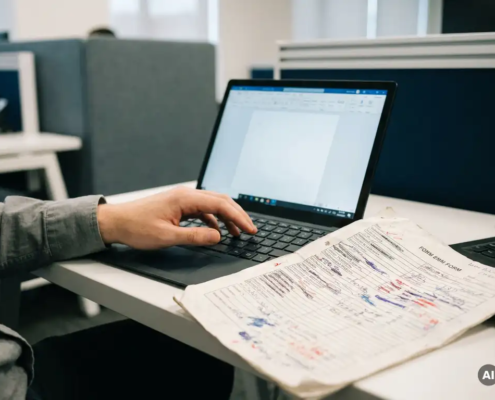 Gefrustreerde kantoormedewerker boven doorgestreept papieren formulier met inktvlekken, laptop op achtergrond als digitaal alternatief.