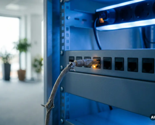 Versleten netwerkkabel aangesloten op een serverrack met lege poorten, blauw omgevingslicht in moderne IT-omgeving.