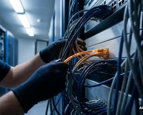 Handen die een gloeiende amber serverbekabeling herverbinden in een moderne serverruimte met verweven kabels op de achtergrond.