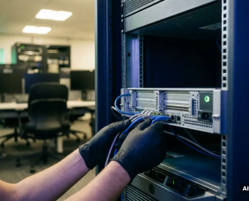 Technicus organiseert serverbekabeling in een overzichtelijk serverrack met groen statuslampje in modern ICT-datacenter.