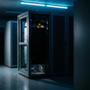 Actieve serverrack met oranje indicatielamp in donker datacenter verlicht door blauw noodlicht.