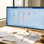 Microsoft Teams-planningsbord op ultrabreed scherm naast verfrommelde Excel-uitdraaien op modern bureau met koffiemok.
