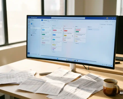 Microsoft Teams-planningsbord op ultrabreed scherm naast verfrommelde Excel-uitdraaien op modern bureau met koffiemok.